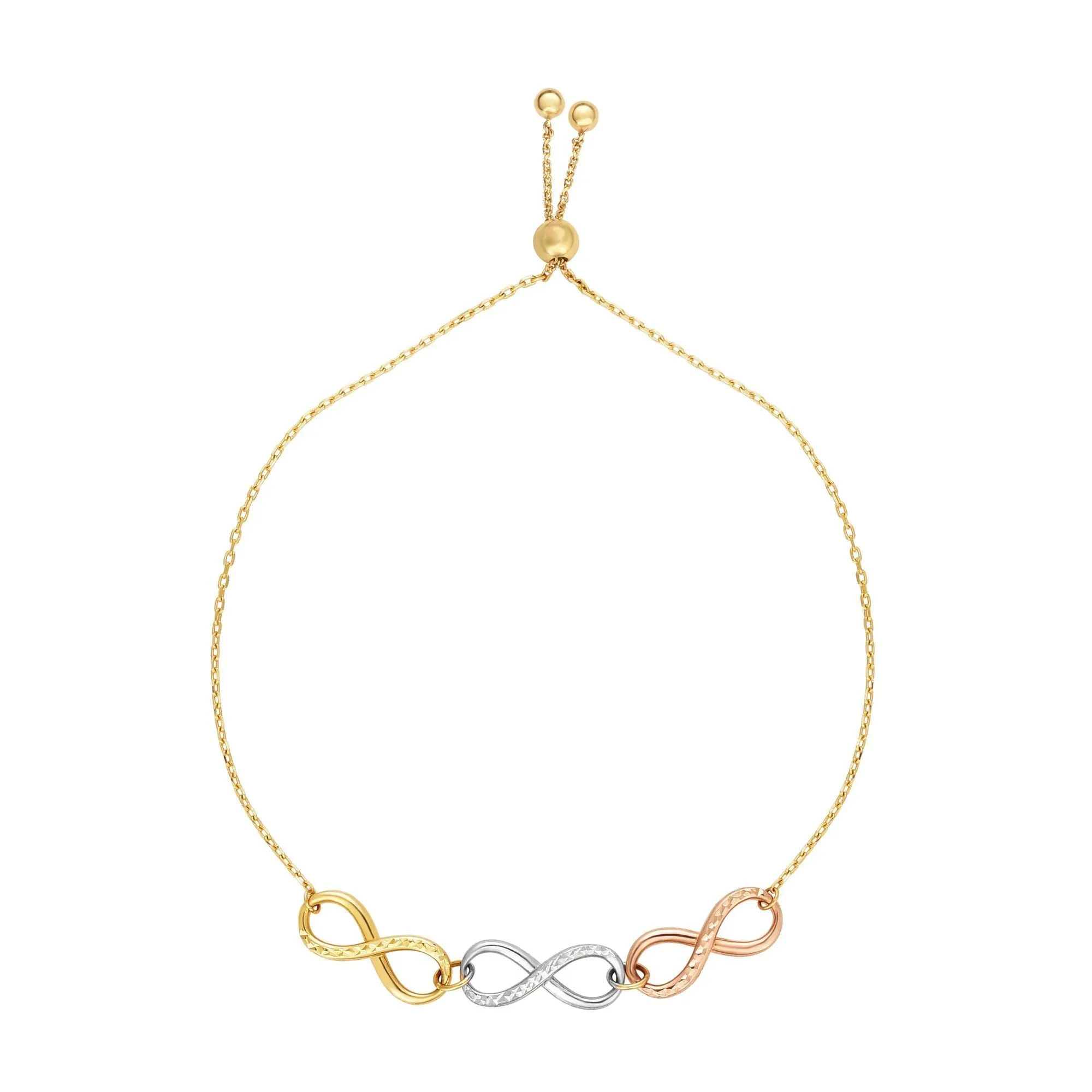 14k Tri Color Gold Infinity Charms Adjustable Bracelet, 9.25"