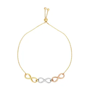 14k Tri Color Gold Infinity Charms Adjustable Bracelet, 9.25"