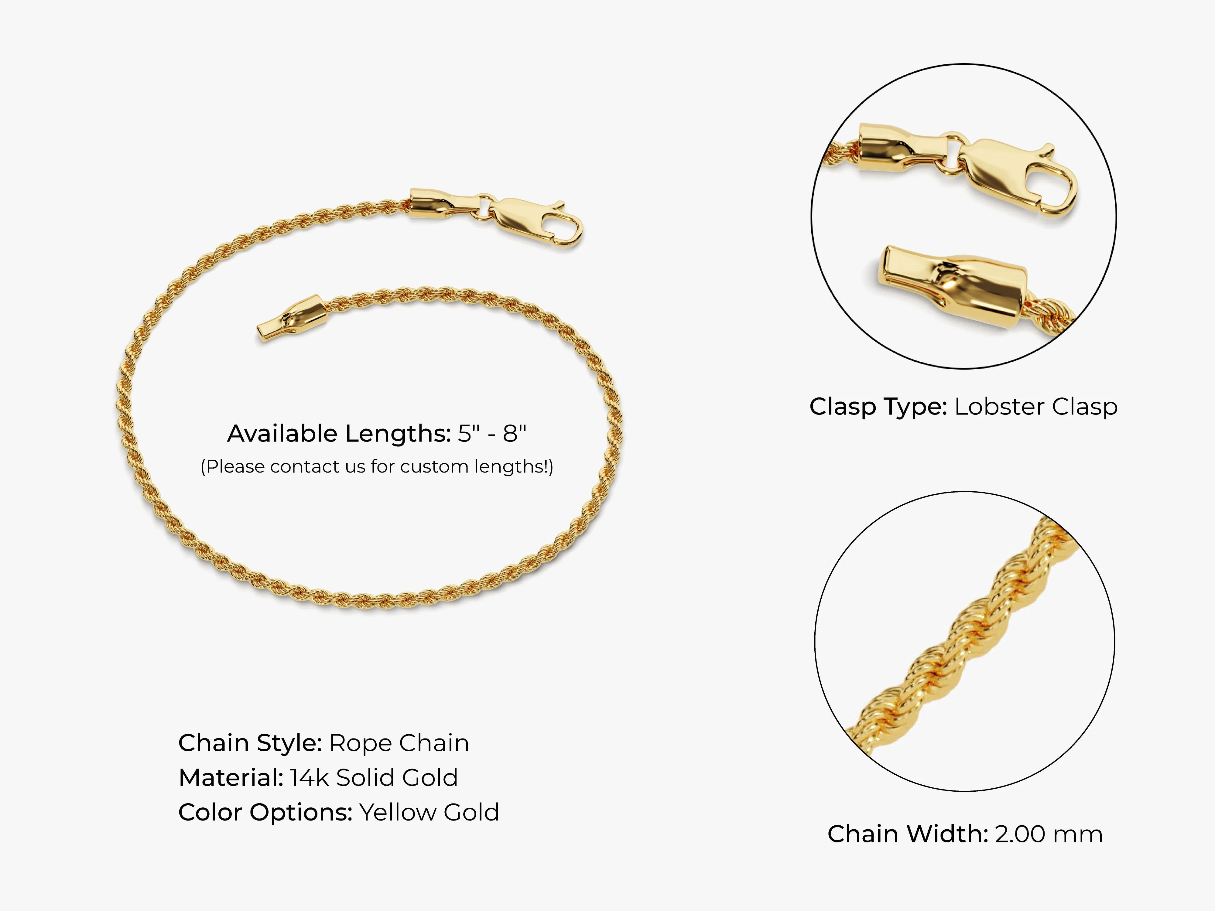14k Yellow Gold 2.0mm Rope Chain Bracelet