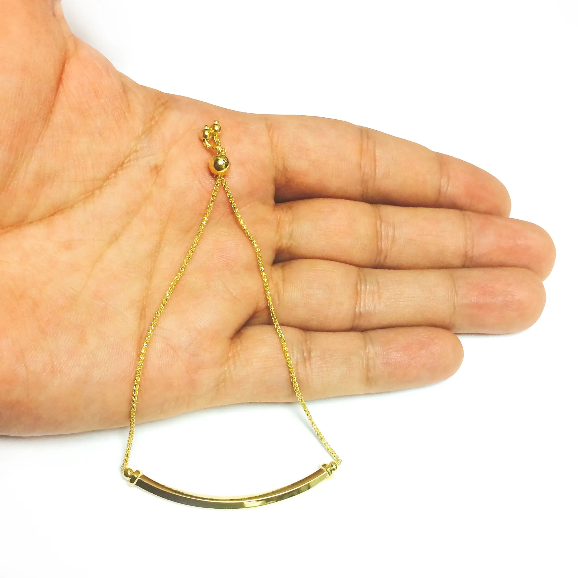 14K Yellow Gold Diamond Cut Round Wheat Adjustable Bracelet With Shiny Arched Bar Center Element, 9.25"