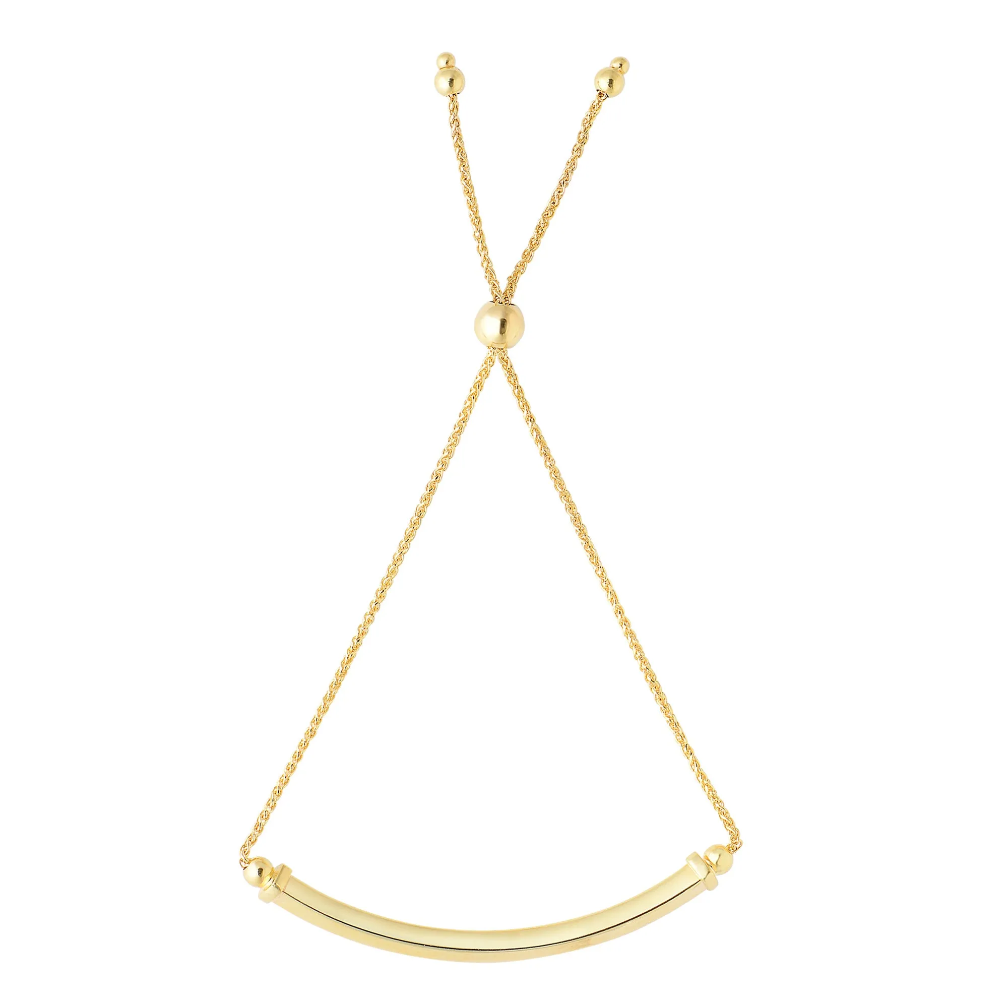 14K Yellow Gold Diamond Cut Round Wheat Adjustable Bracelet With Shiny Arched Bar Center Element, 9.25"