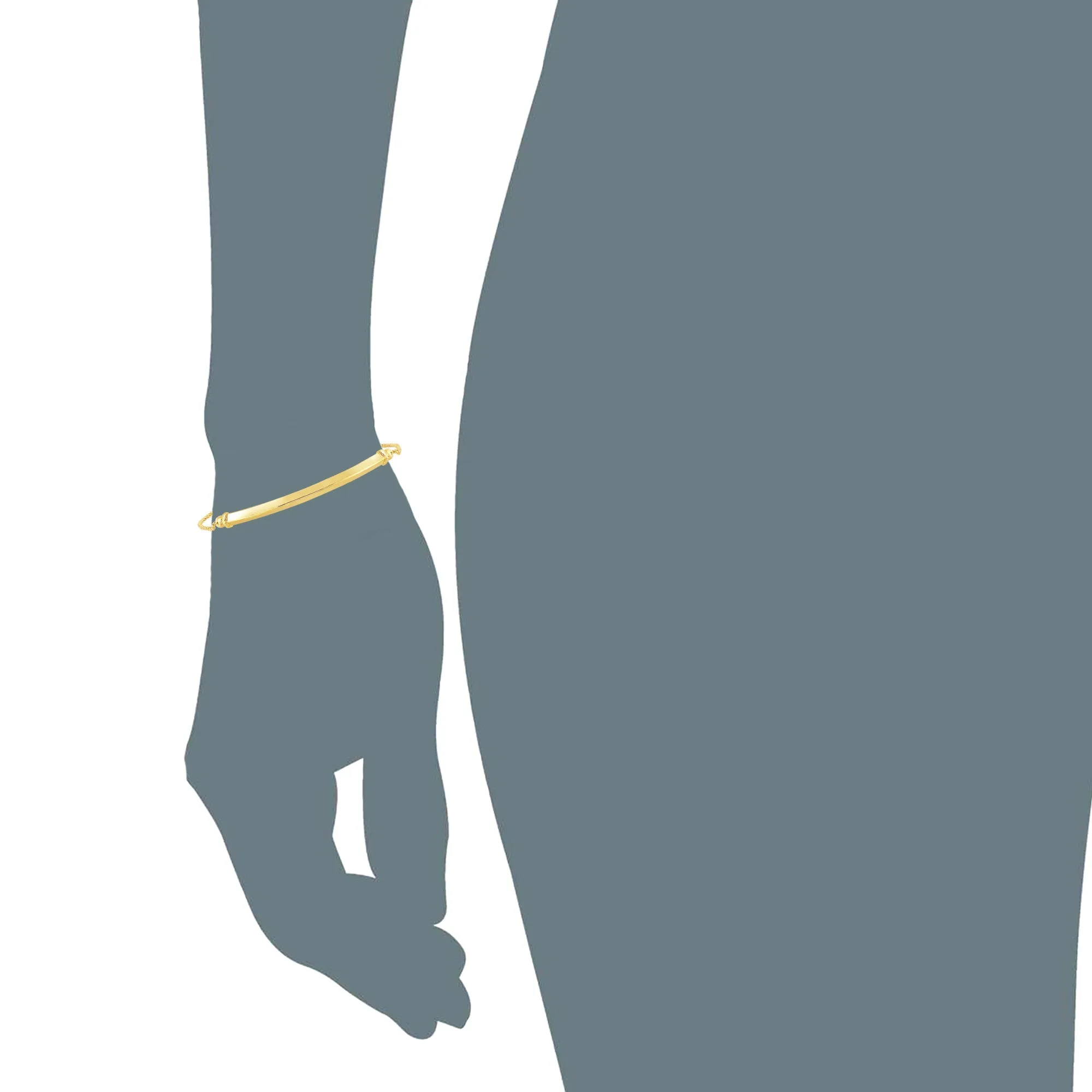 14K Yellow Gold Diamond Cut Round Wheat Adjustable Bracelet With Shiny Arched Bar Center Element, 9.25"