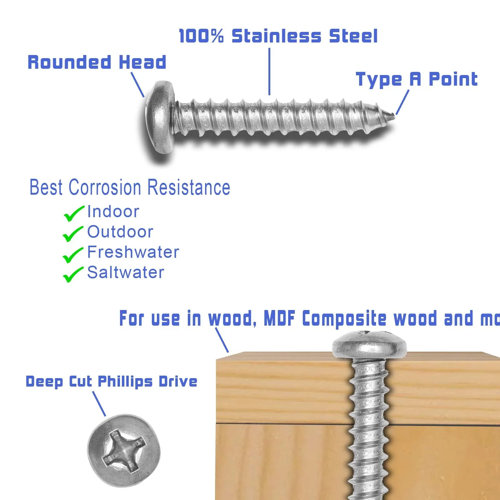 8 X 2" Stainless Pan Head Phillips Wood Screw, (50pc), 18-8 (304) Stainless Steel Screws