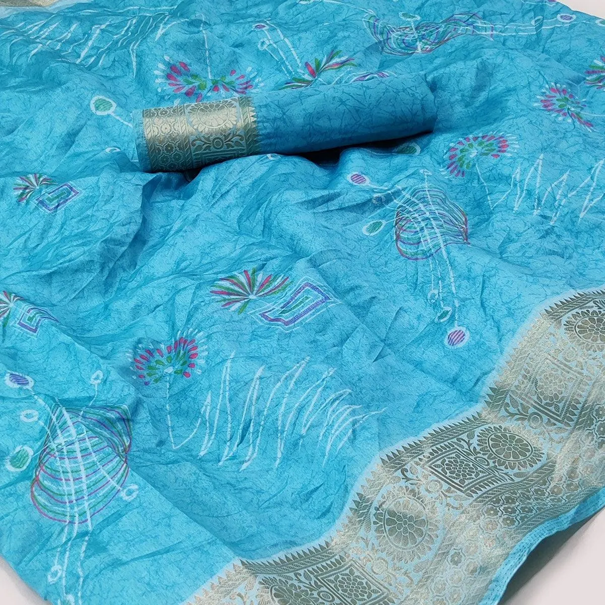 Blue Floral And Geometric Printed Dola Silk Saree