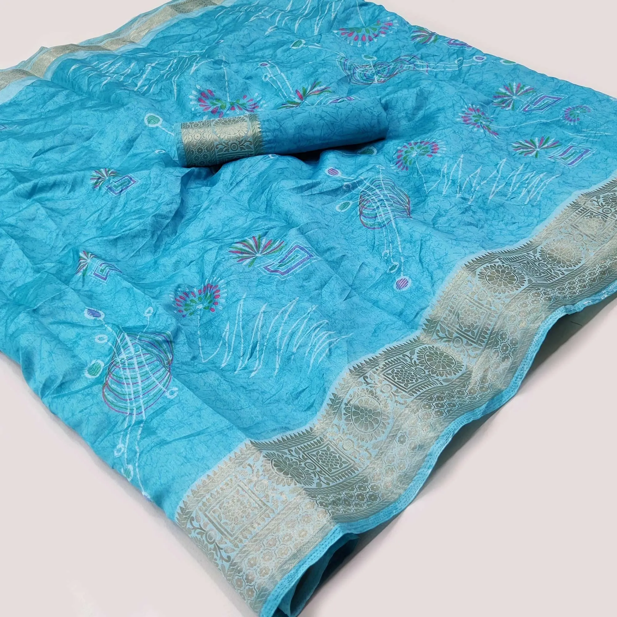 Blue Floral And Geometric Printed Dola Silk Saree