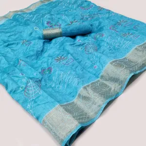 Blue Floral And Geometric Printed Dola Silk Saree