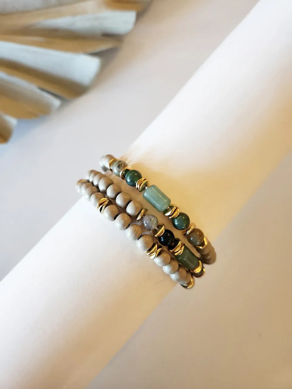 Bree Wood Beaded Bracelet Set | Natural Wood Layering Bracelets | Lucite Stone Bead Details