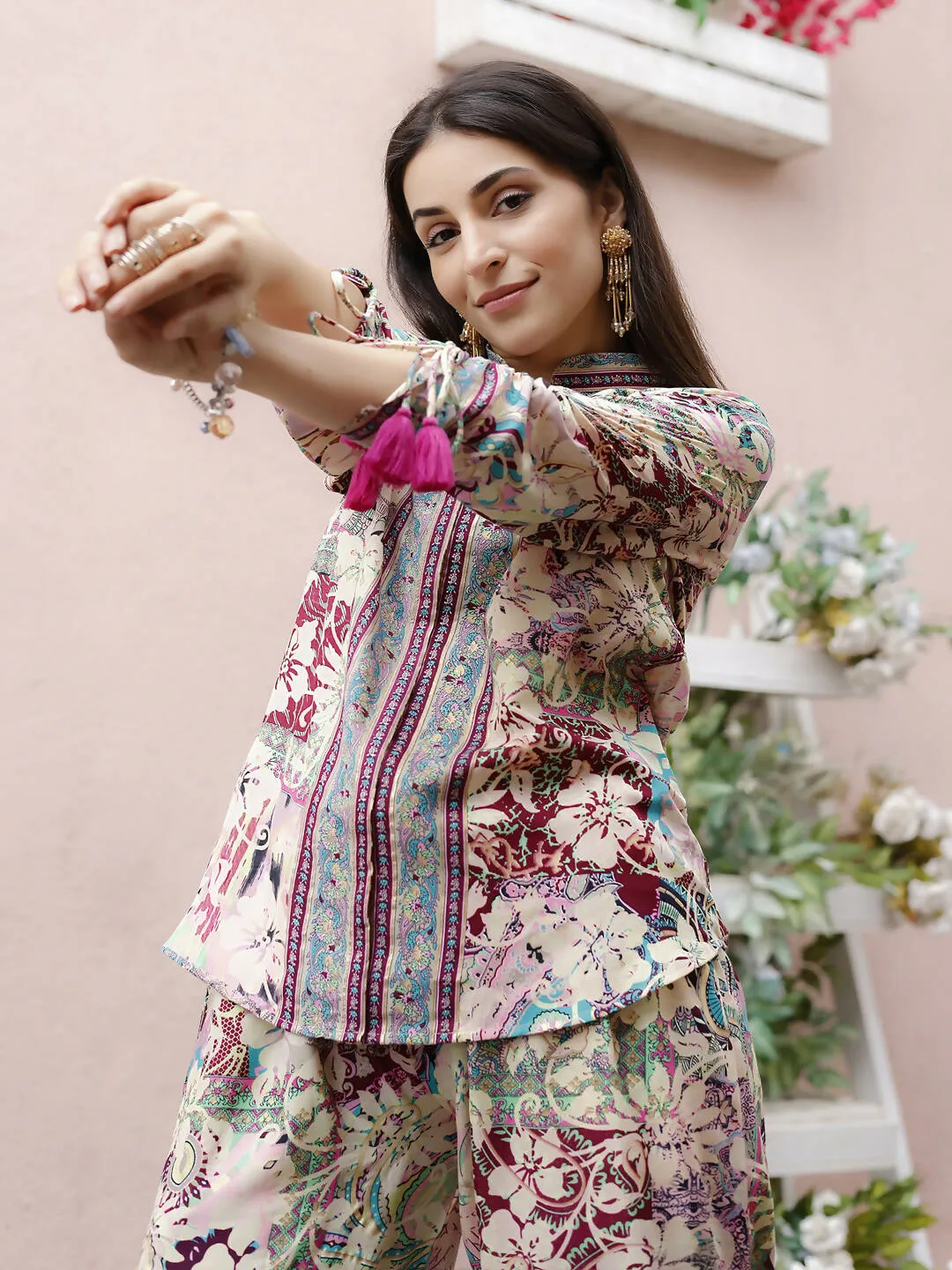 Cream Rayon Floral Printed Top with Matching Bottom - Eesha