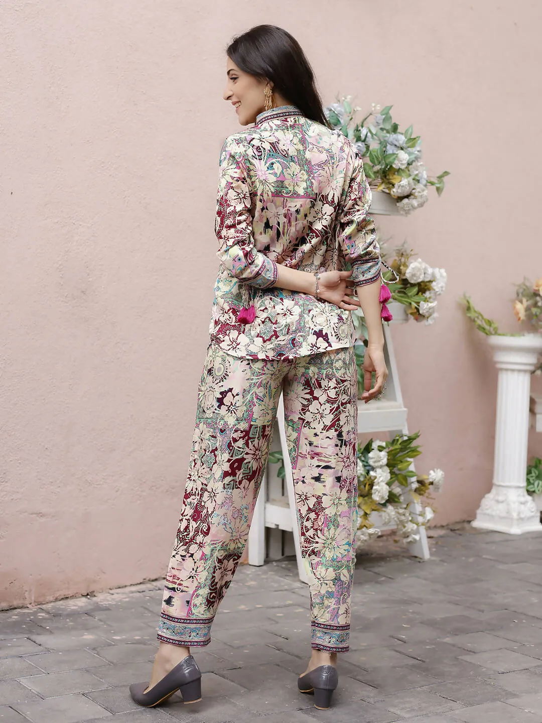 Cream Rayon Floral Printed Top with Matching Bottom - Eesha