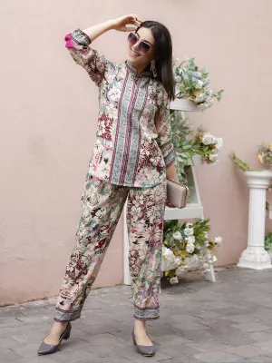 Cream Rayon Floral Printed Top with Matching Bottom - Eesha