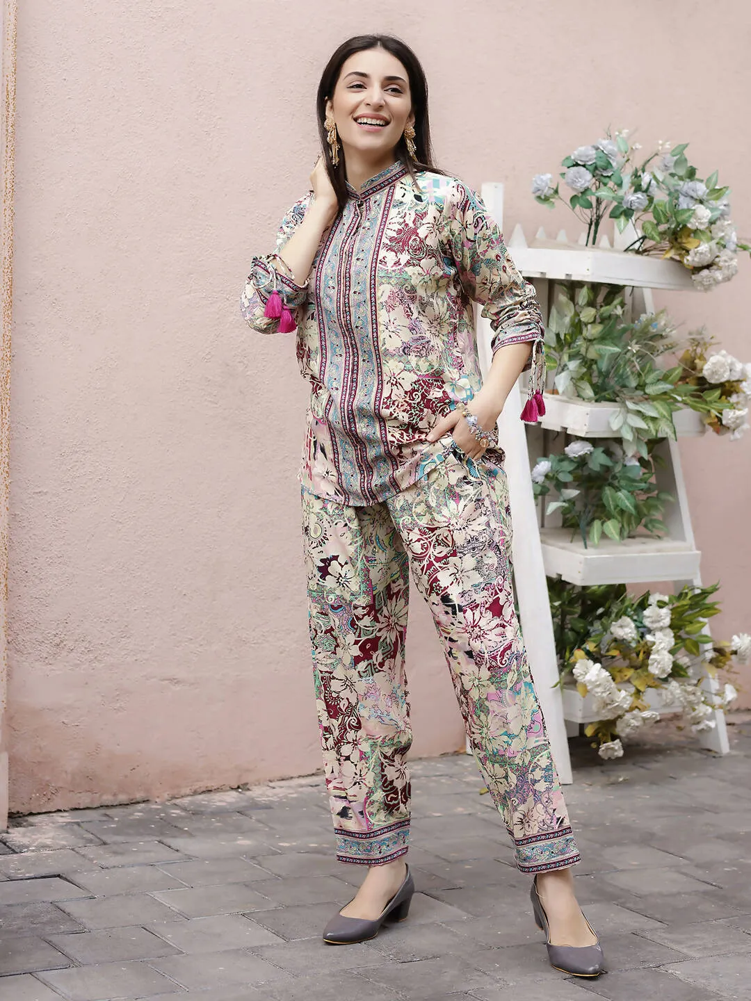 Cream Rayon Floral Printed Top with Matching Bottom - Eesha