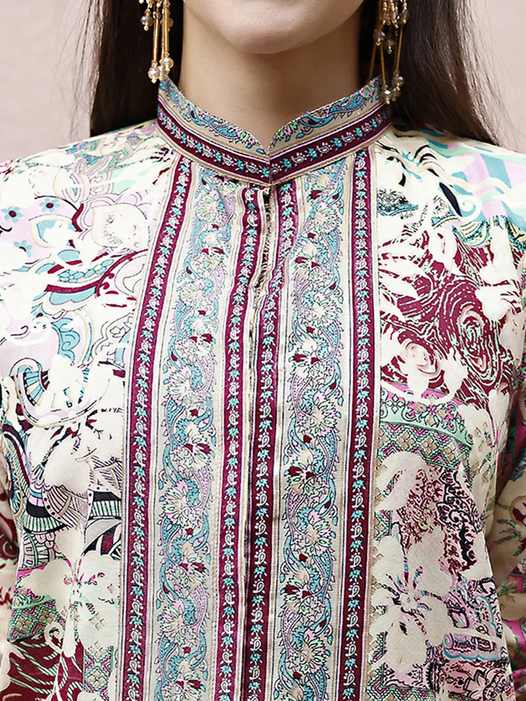 Cream Rayon Floral Printed Top with Matching Bottom - Eesha