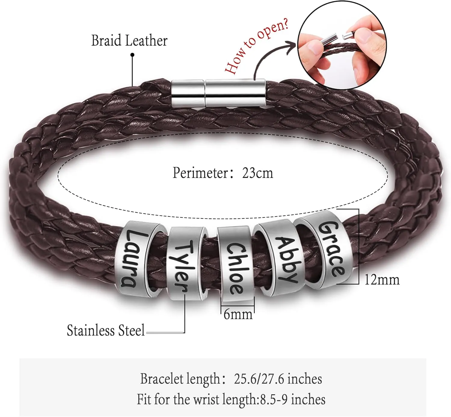 Custom Mens Bracelet with 2-8 Engraved Beads, Customized Braided Leather Name Bracelets Personalized Fathers Day Bracelets Gifts for Dad Grandpa Husband