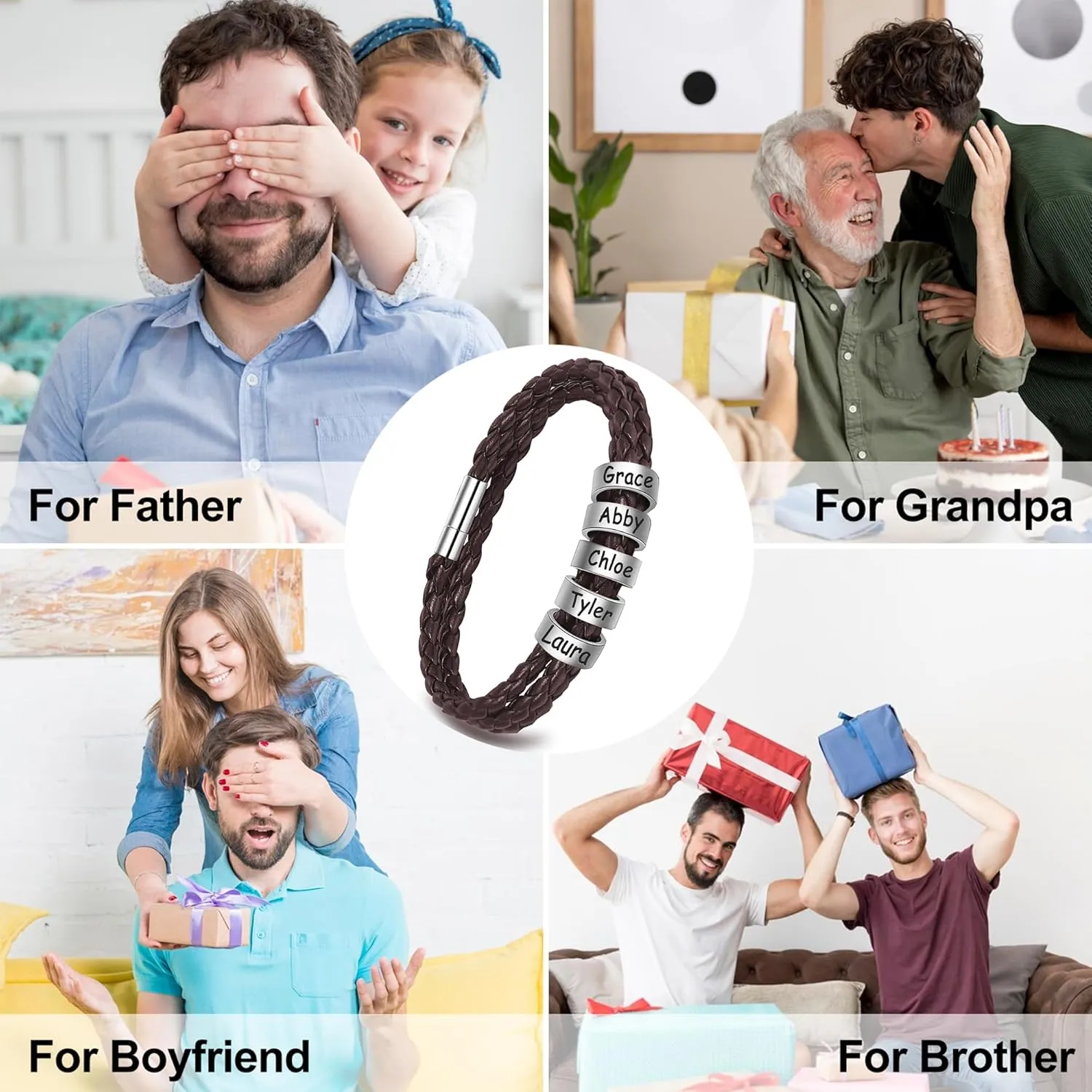 Custom Mens Bracelet with 2-8 Engraved Beads, Customized Braided Leather Name Bracelets Personalized Fathers Day Bracelets Gifts for Dad Grandpa Husband