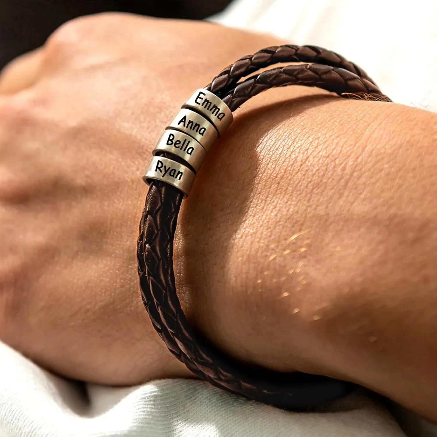 Custom Mens Bracelet with 2-8 Engraved Beads, Customized Braided Leather Name Bracelets Personalized Fathers Day Bracelets Gifts for Dad Grandpa Husband