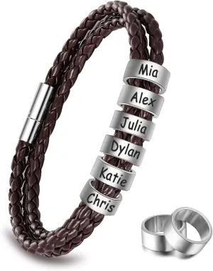 Custom Mens Bracelet with 2-8 Engraved Beads, Customized Braided Leather Name Bracelets Personalized Fathers Day Bracelets Gifts for Dad Grandpa Husband