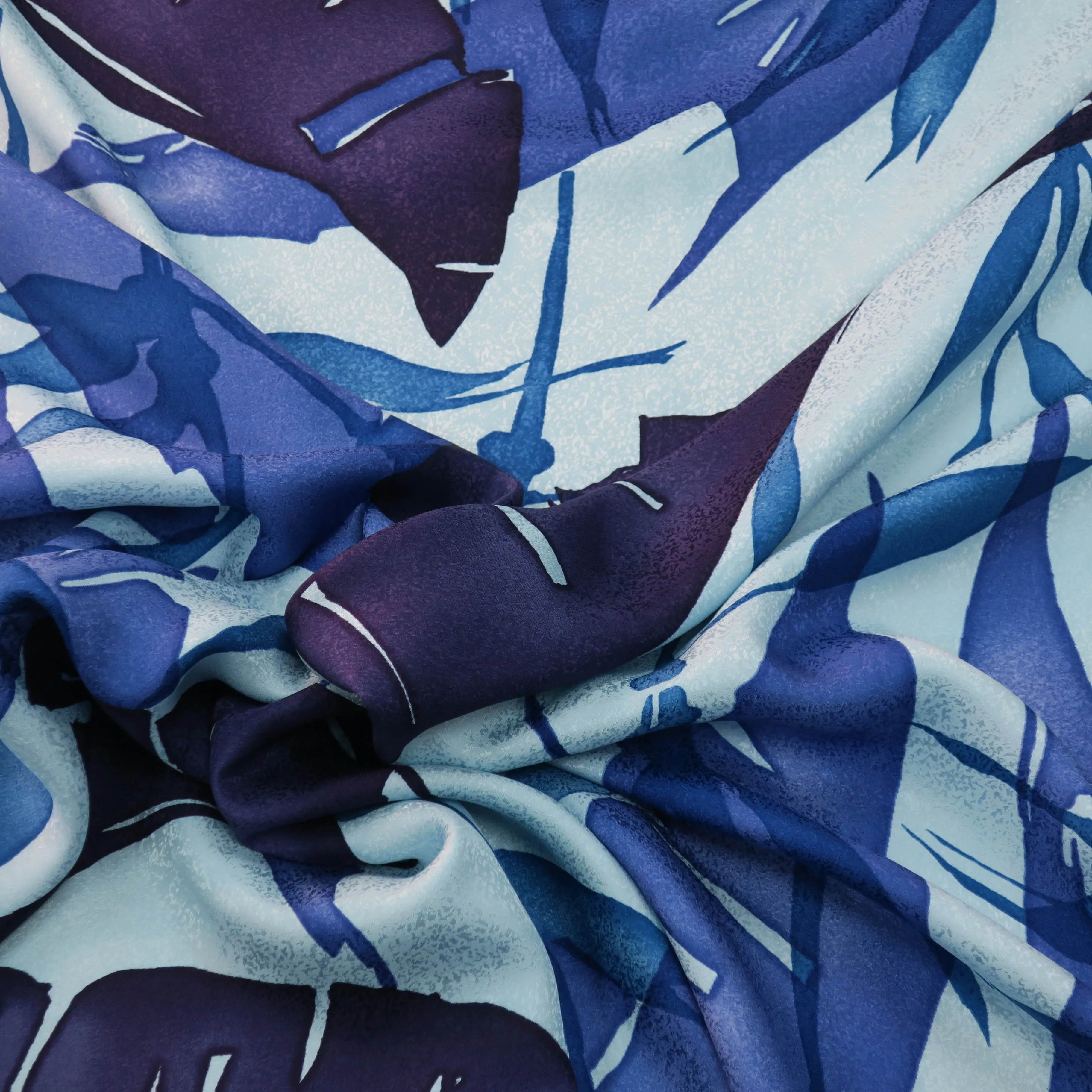 Dark Blue Palms on a Light Blue Background China Silk Fabric