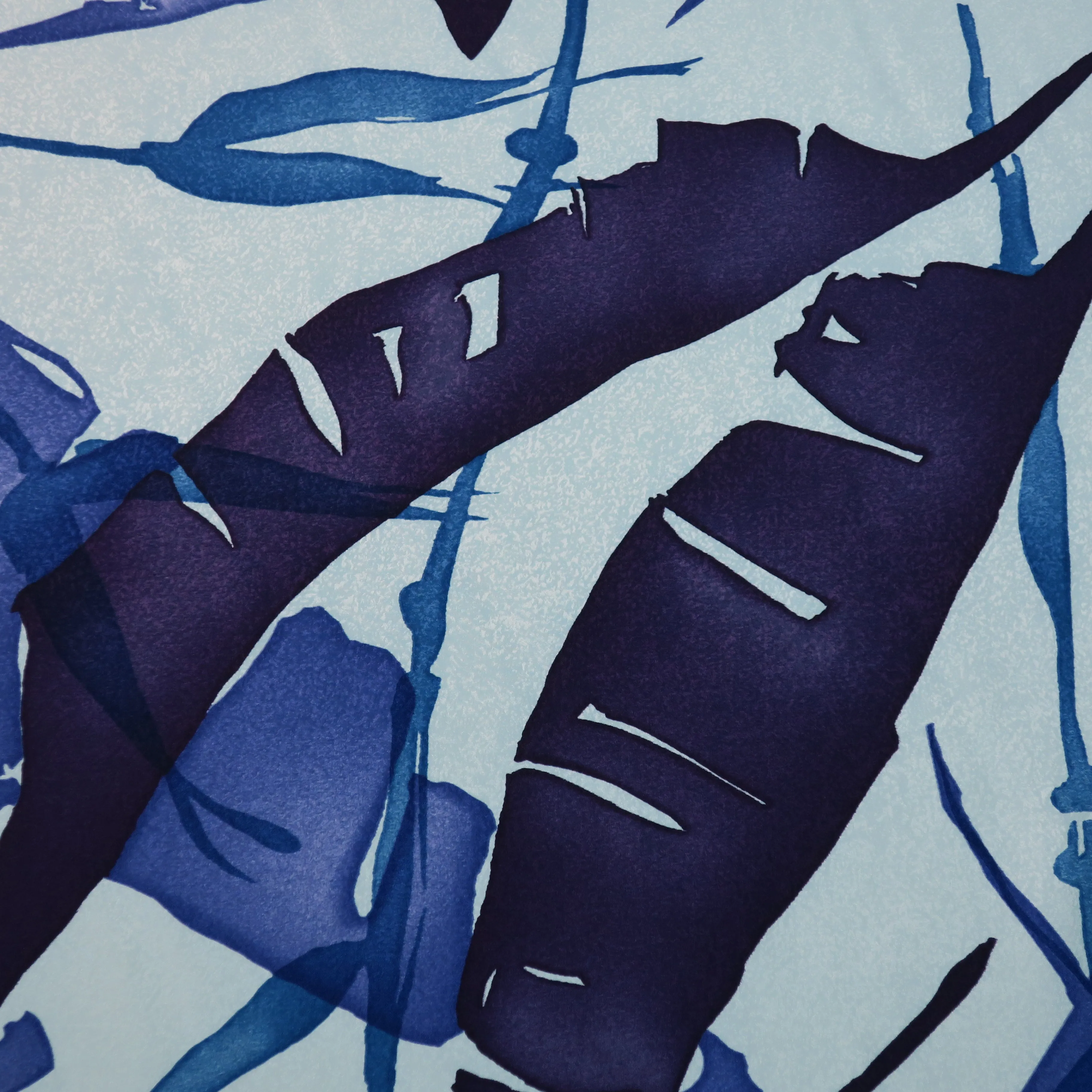 Dark Blue Palms on a Light Blue Background China Silk Fabric