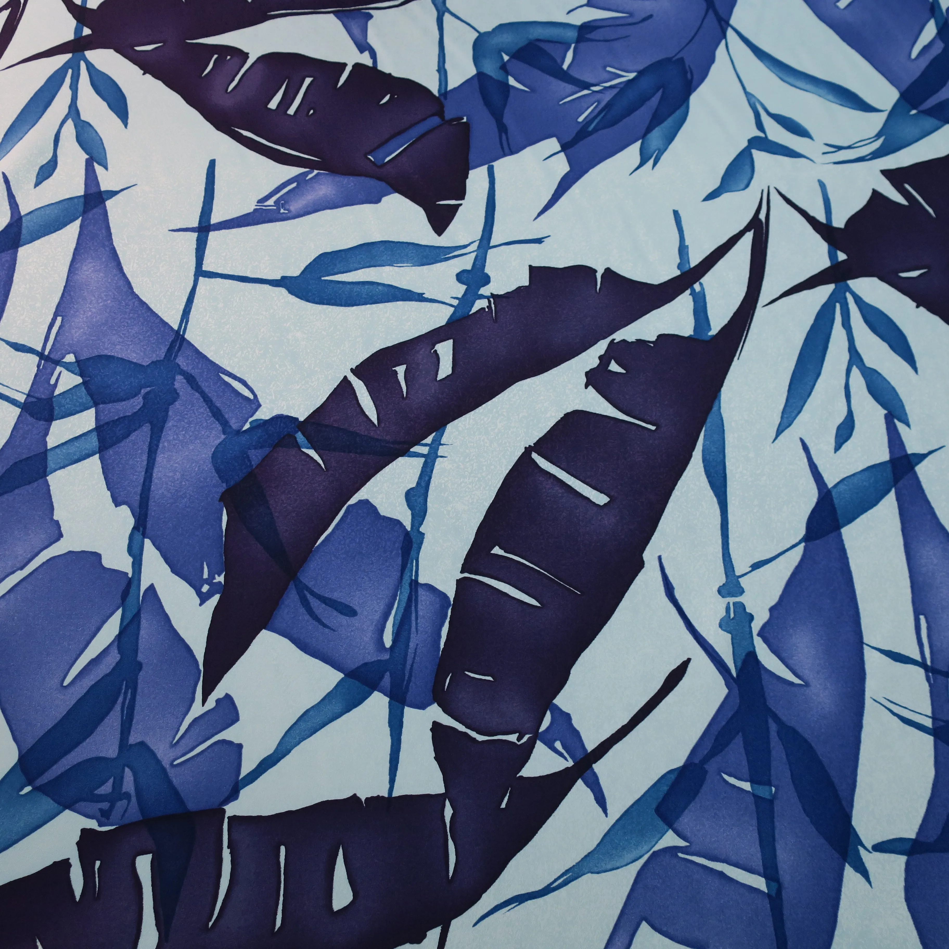 Dark Blue Palms on a Light Blue Background China Silk Fabric