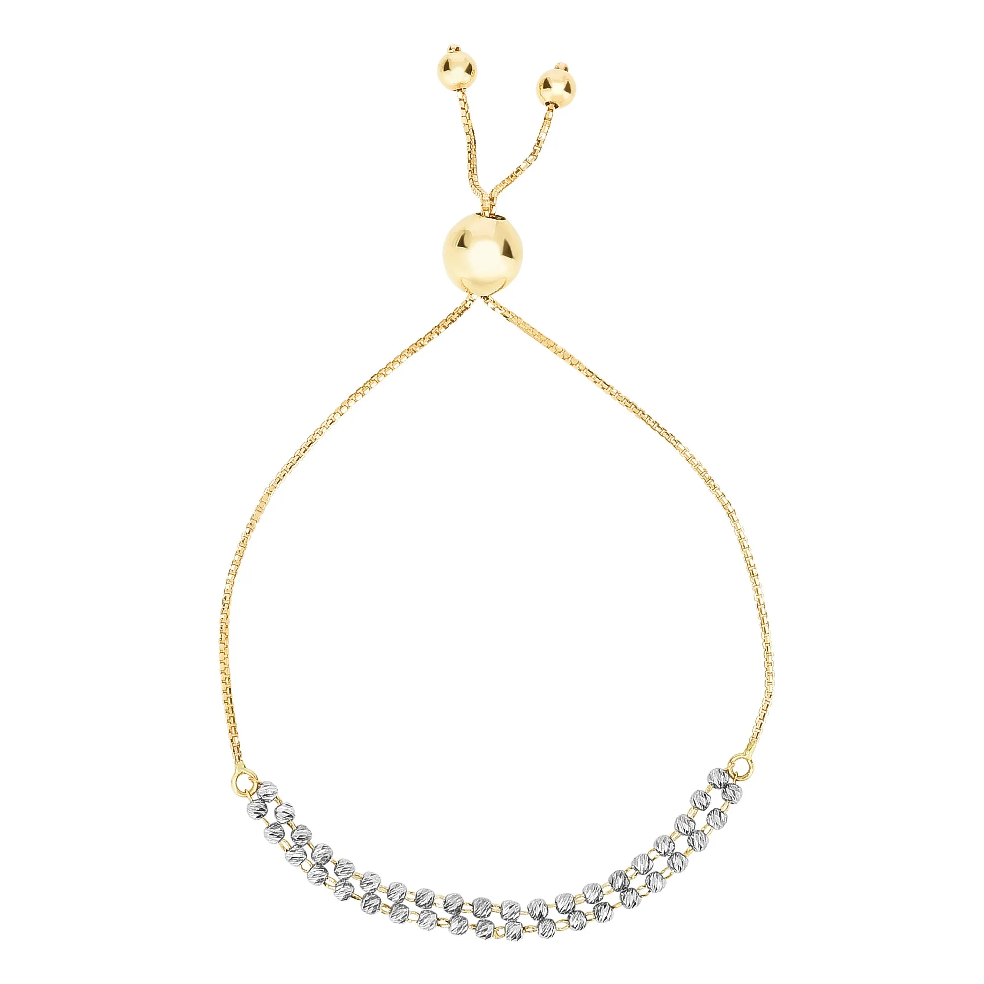 Diamond Cut Double Beaded Strand Bolo Friendship Adjustable Bracelet In 14K Gold, 9.25"