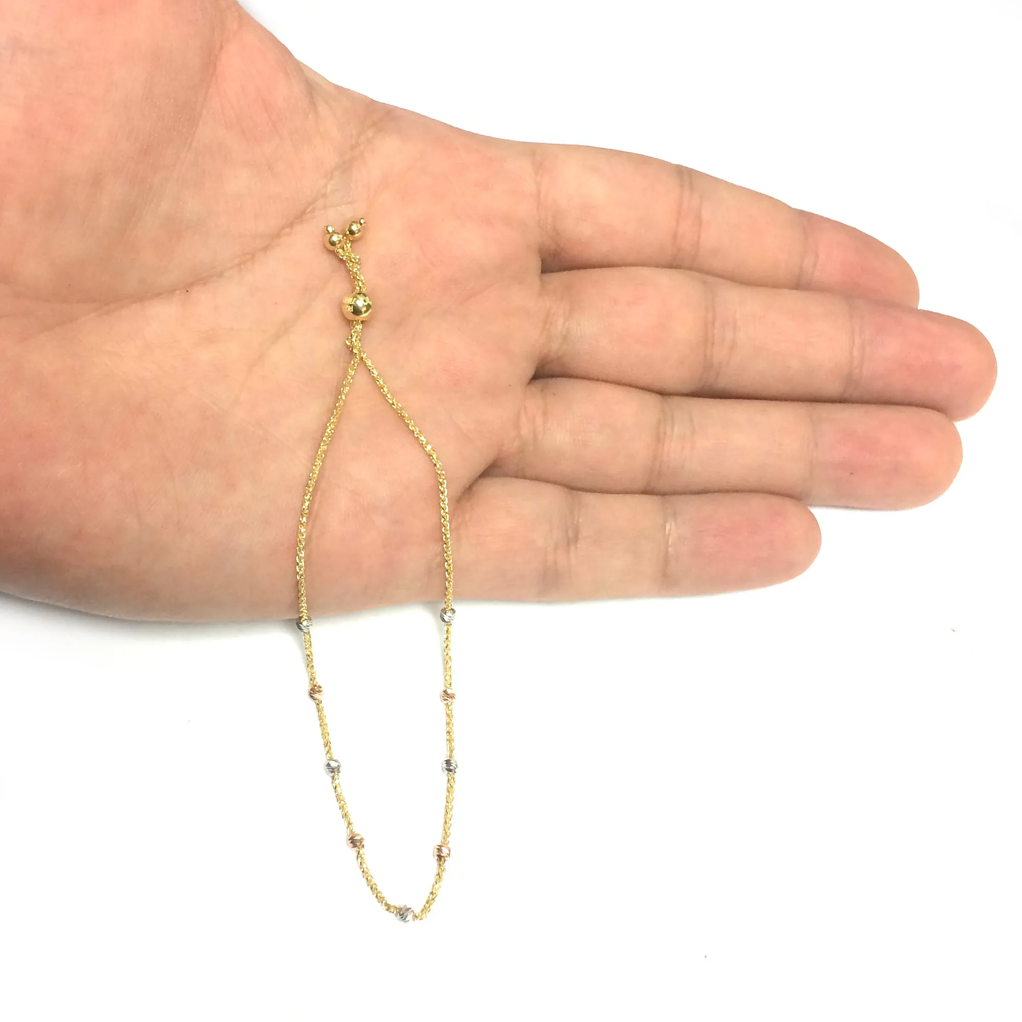 Diamond Cut Multi Color Round Bead Station Bolo Friendship Adjustable Bracelet In 14K Gold, 9.25"