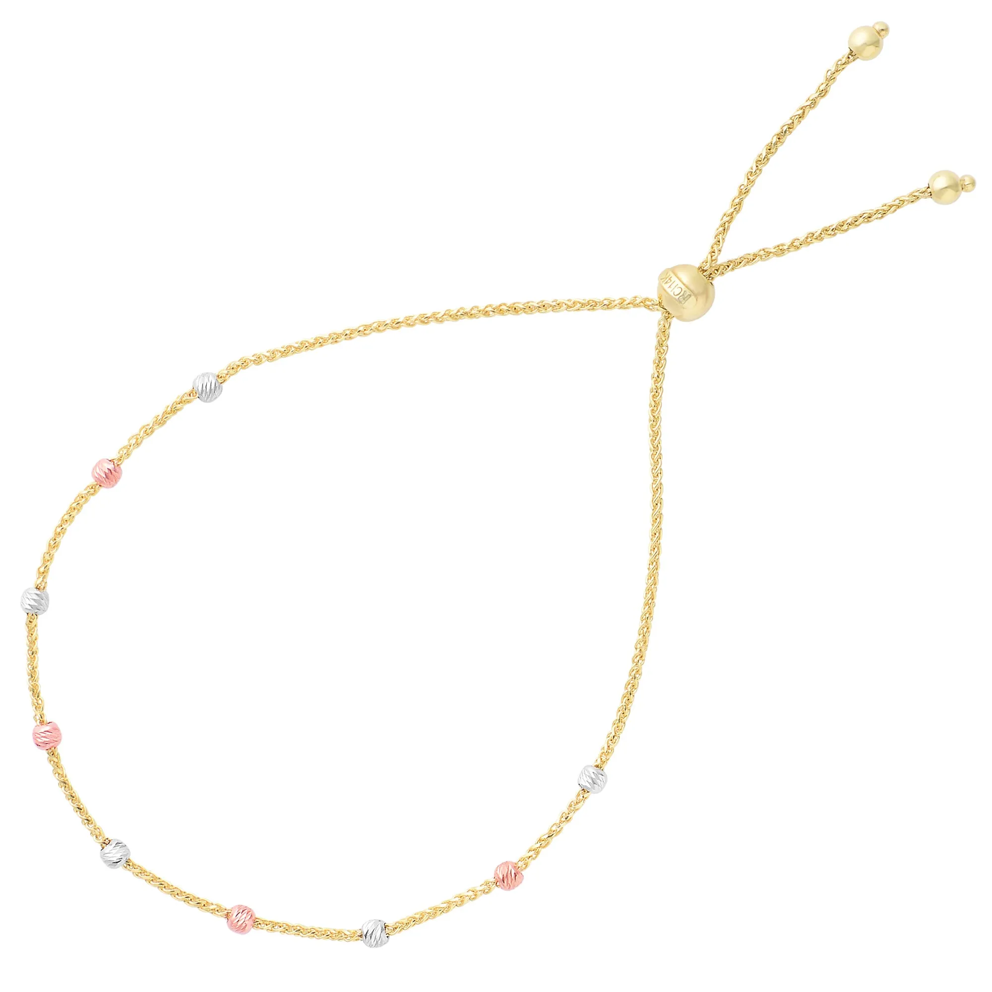 Diamond Cut Multi Color Round Bead Station Bolo Friendship Adjustable Bracelet In 14K Gold, 9.25"