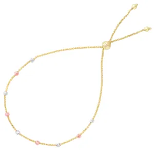 Diamond Cut Multi Color Round Bead Station Bolo Friendship Adjustable Bracelet In 14K Gold, 9.25"