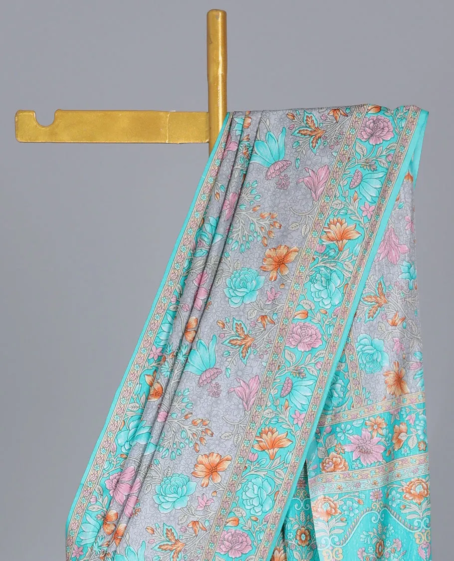 Grey floral vine semi-banaras printed saree, contrast floral printed border & intricately printed pallu