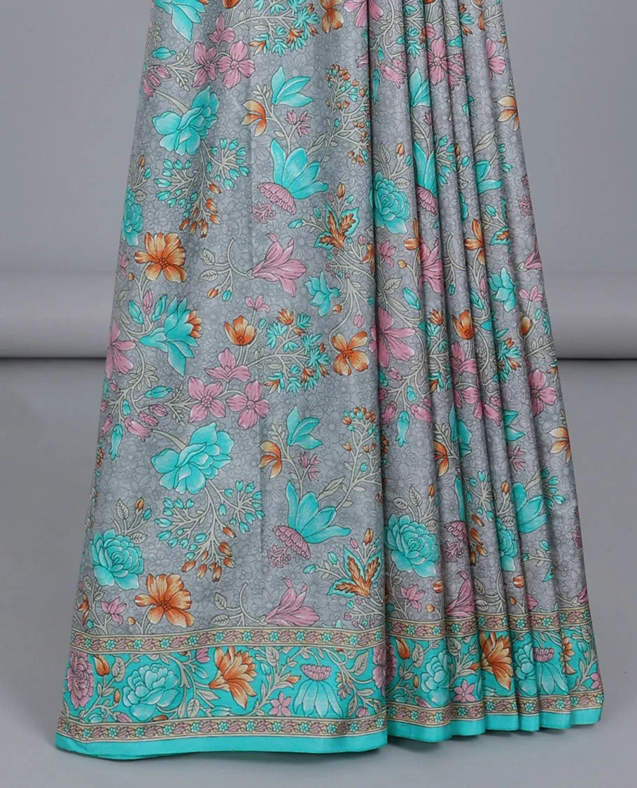 Grey floral vine semi-banaras printed saree, contrast floral printed border & intricately printed pallu