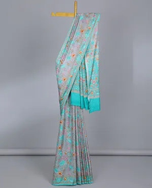 Grey floral vine semi-banaras printed saree, contrast floral printed border & intricately printed pallu