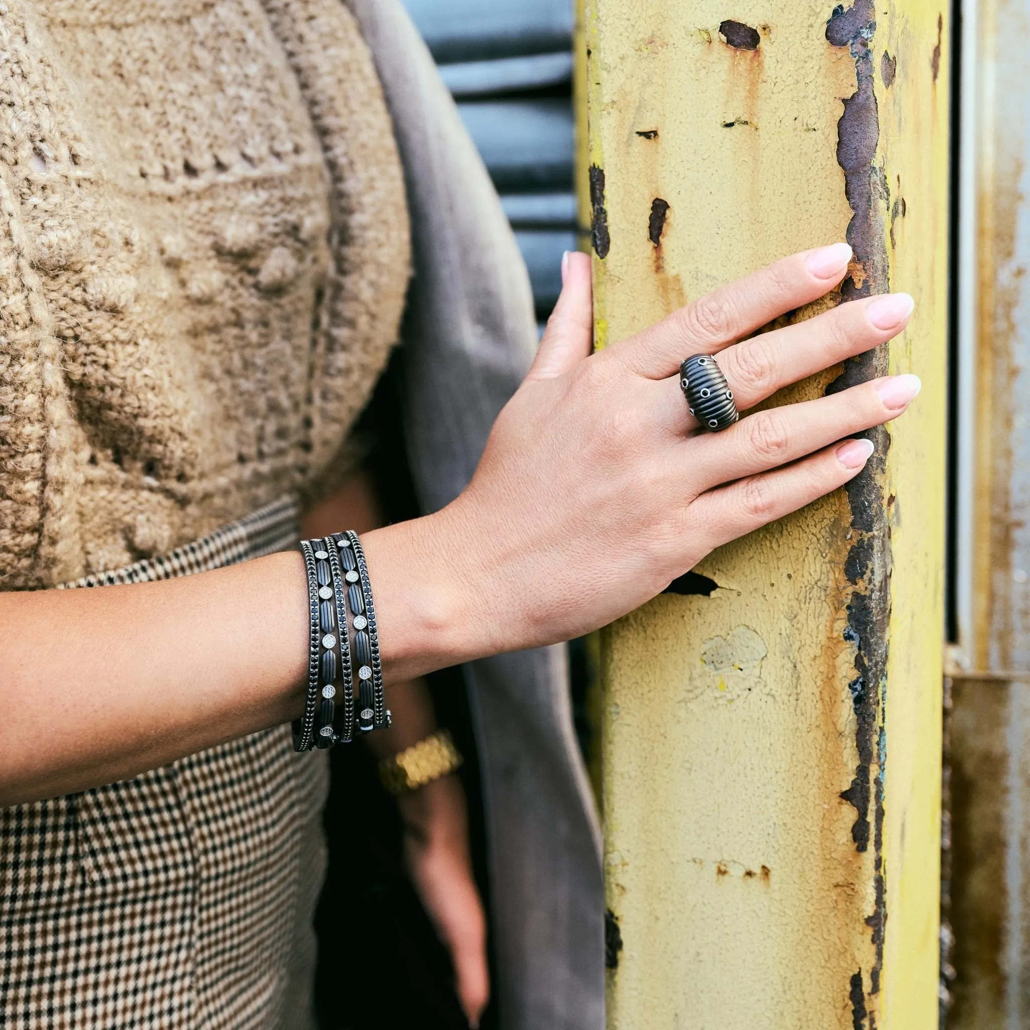 Industrial Finish Ribbed Metro Pavé Hinge Bracelet