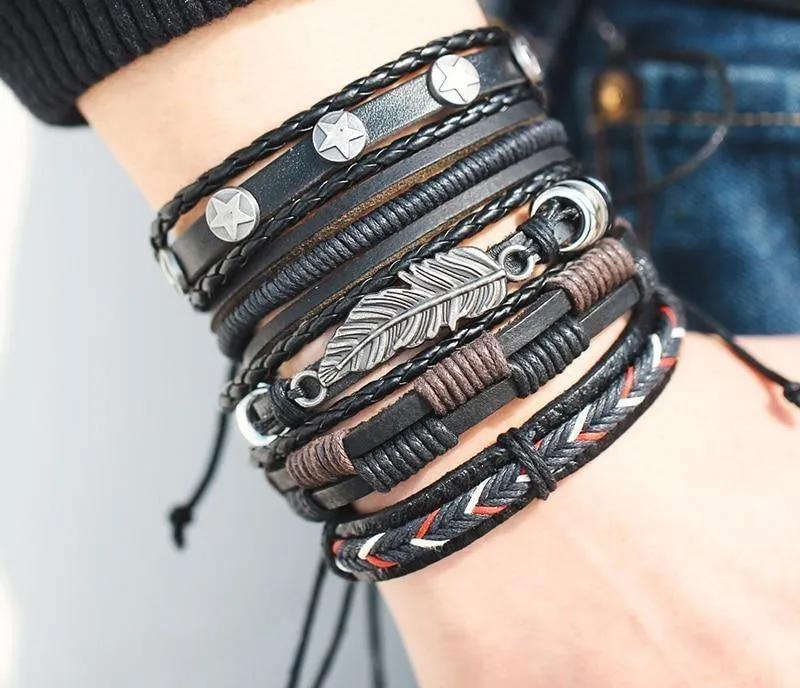 Mens Multi-Layered Wristbands Braided Bracelets