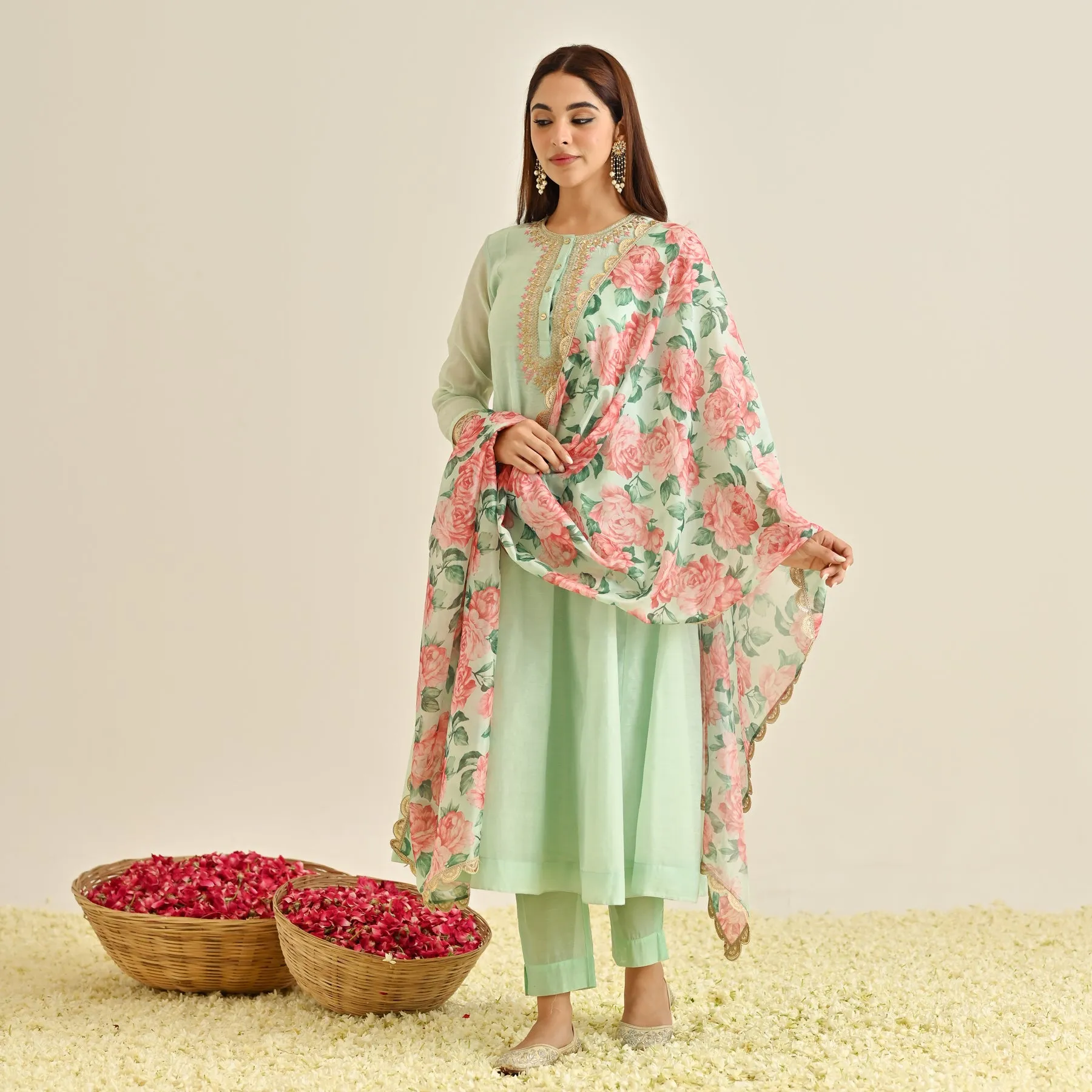 Mint Blue Anarkali Set with Floral Printed Dupatta & Yoke Embroidery