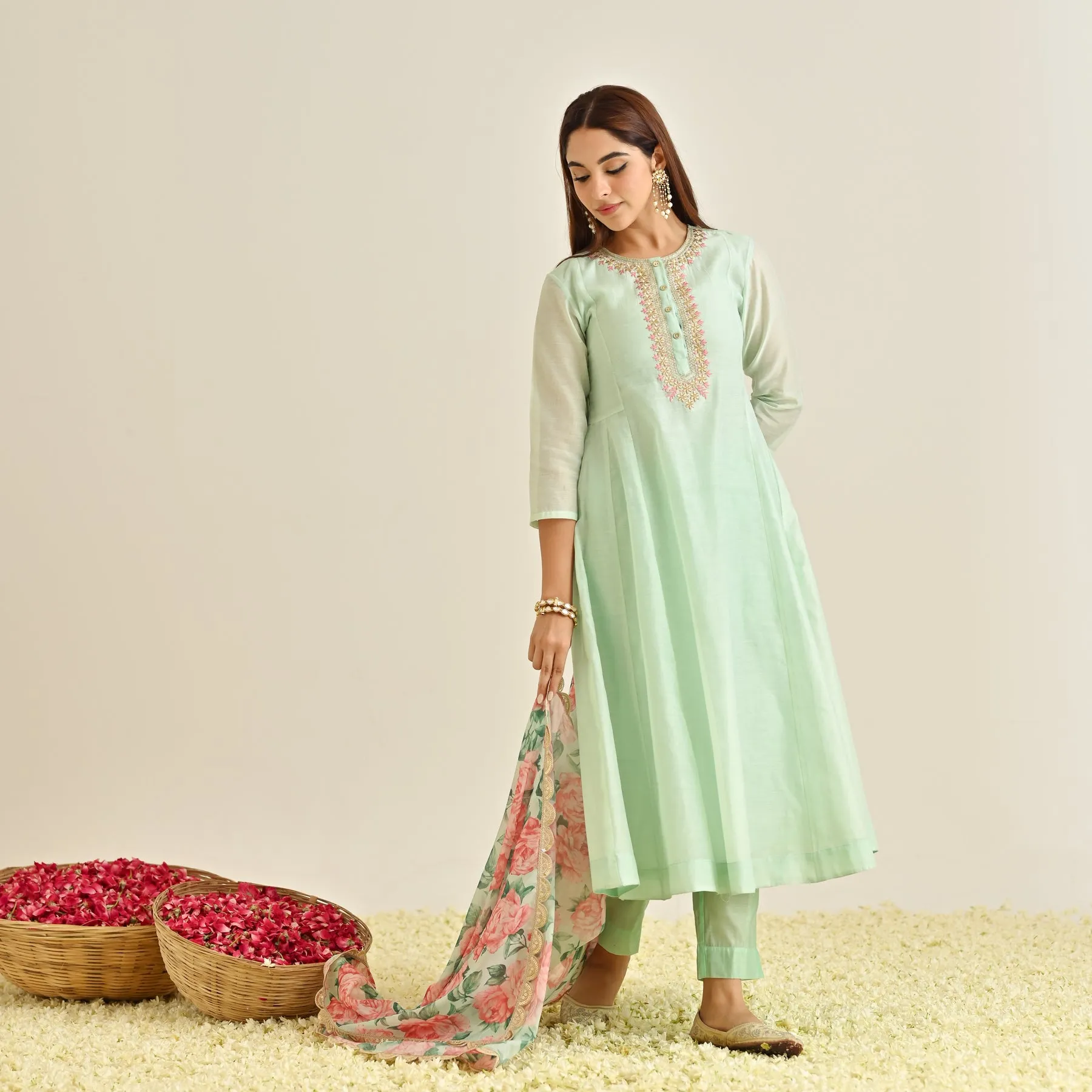 Mint Blue Anarkali Set with Floral Printed Dupatta & Yoke Embroidery