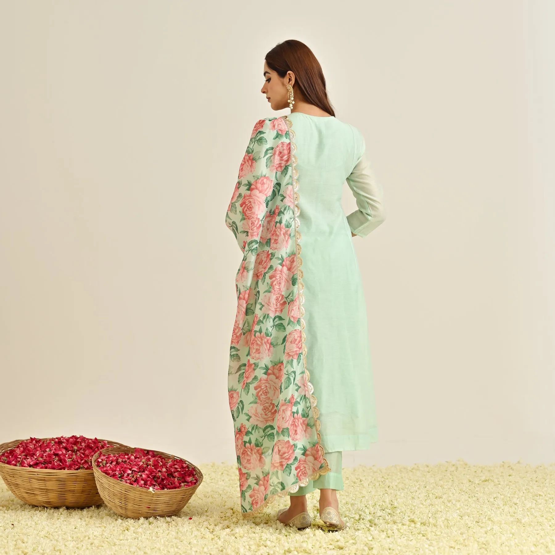 Mint Blue Anarkali Set with Floral Printed Dupatta & Yoke Embroidery