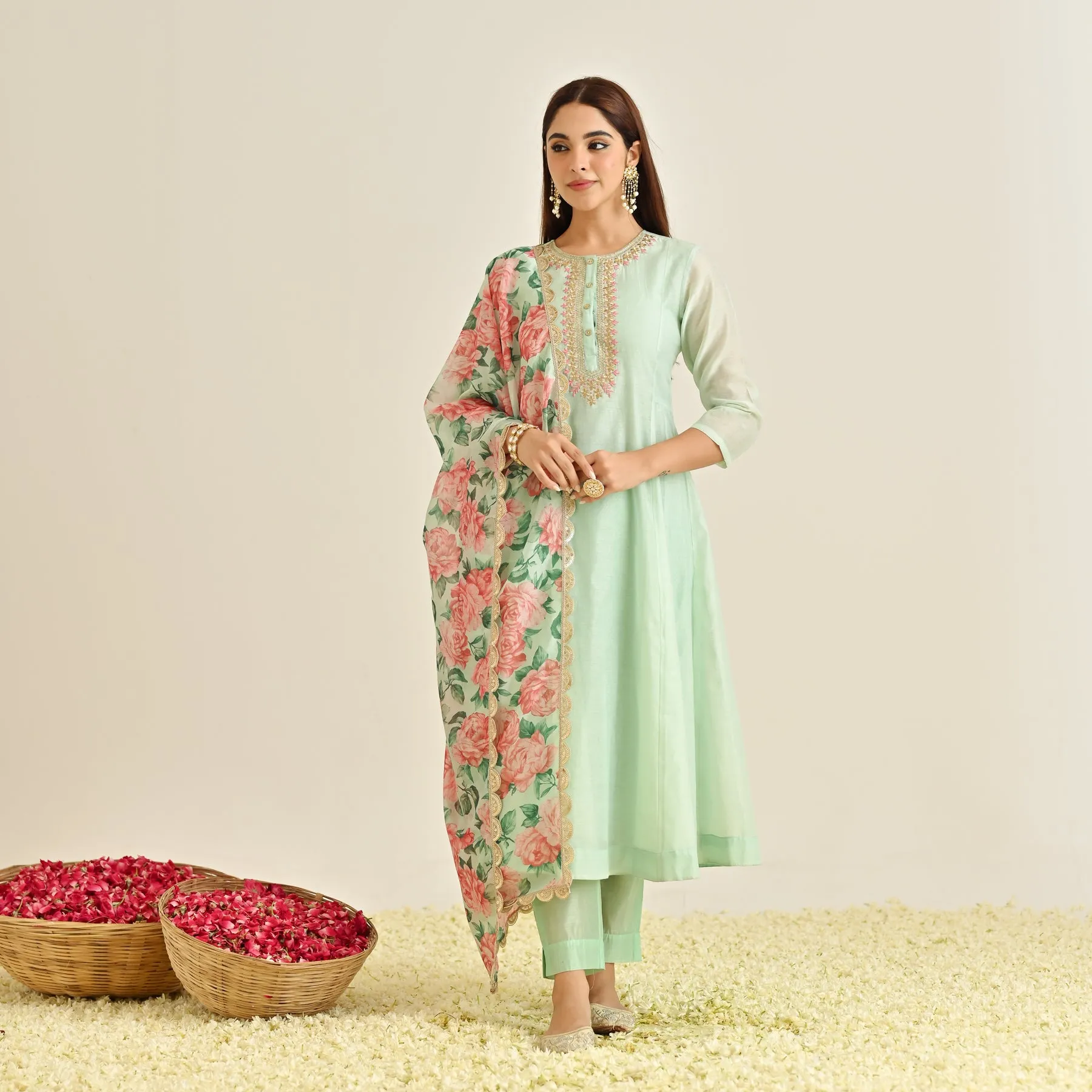 Mint Blue Anarkali Set with Floral Printed Dupatta & Yoke Embroidery