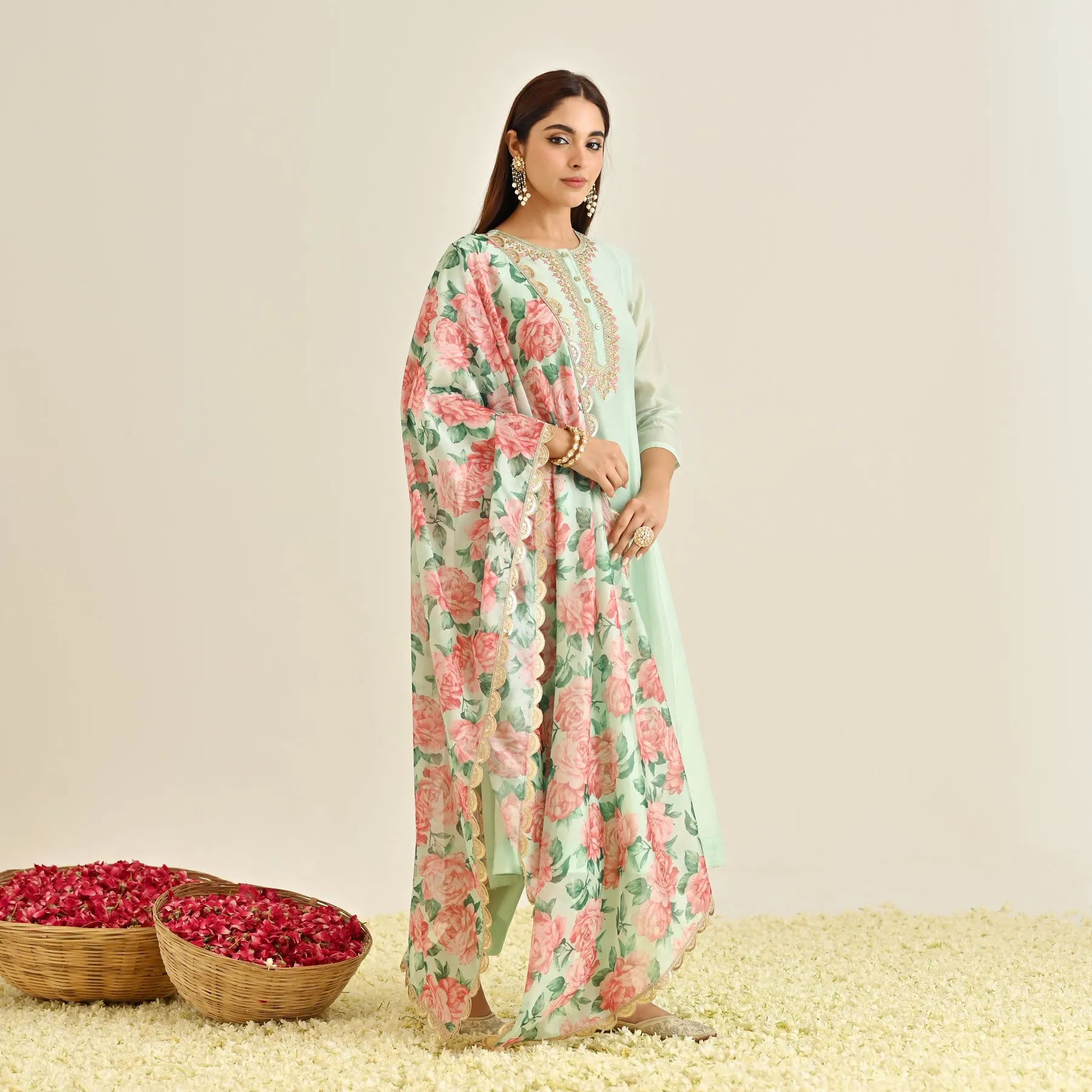 Mint Blue Anarkali Set with Floral Printed Dupatta & Yoke Embroidery