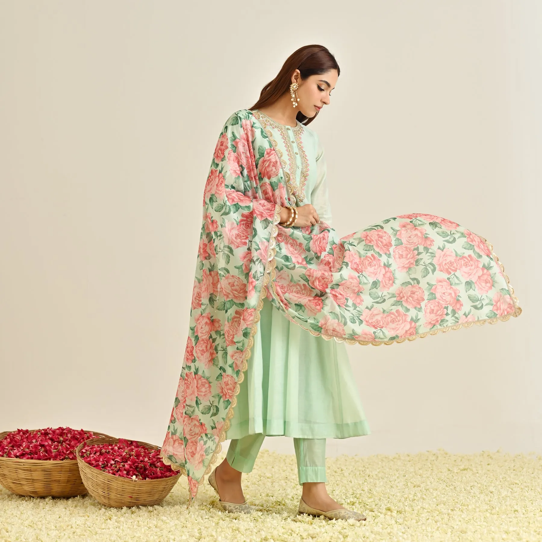 Mint Blue Anarkali Set with Floral Printed Dupatta & Yoke Embroidery