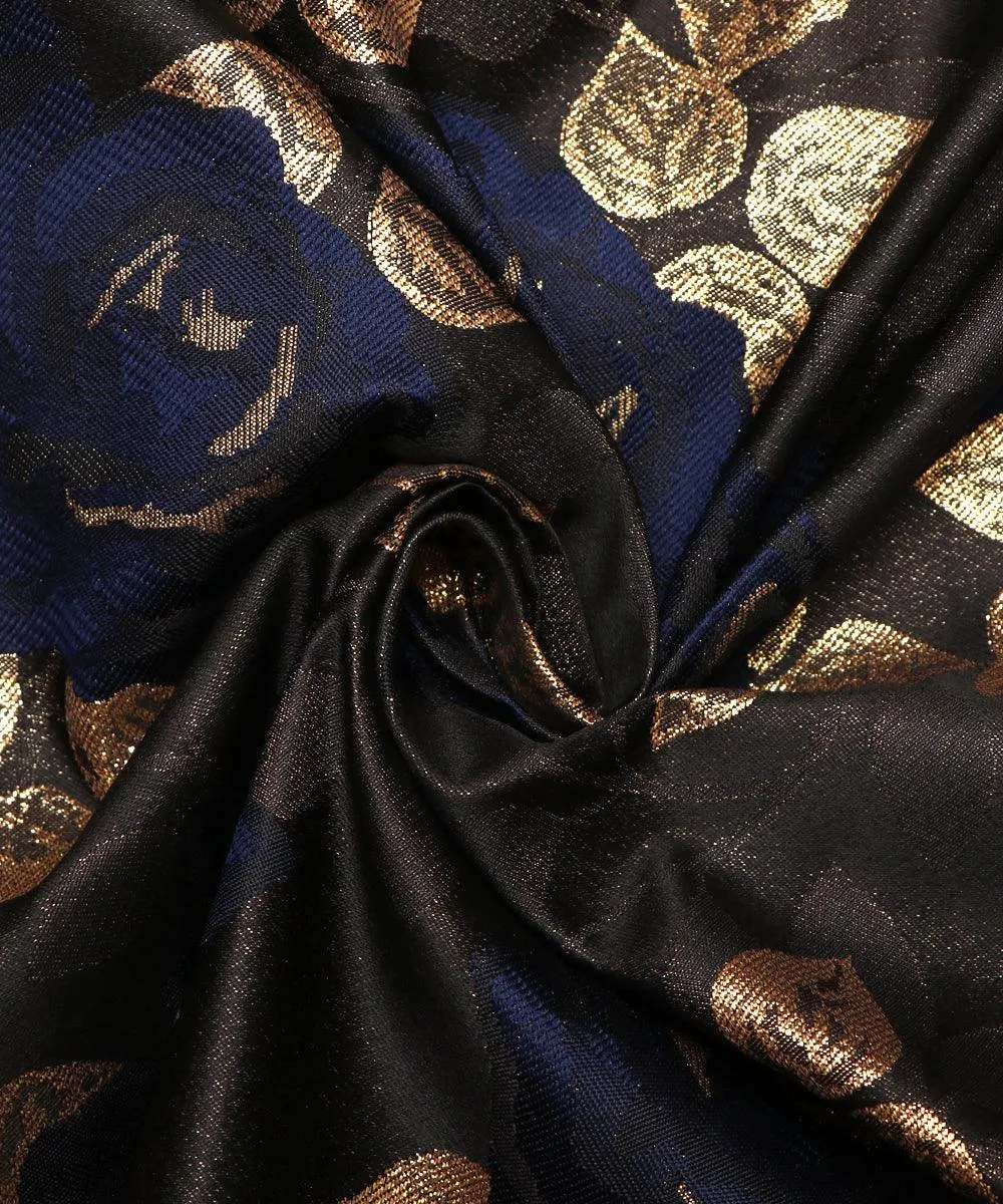 Navy Blue Colour Floral Pattern Brocade Lycra Fabric