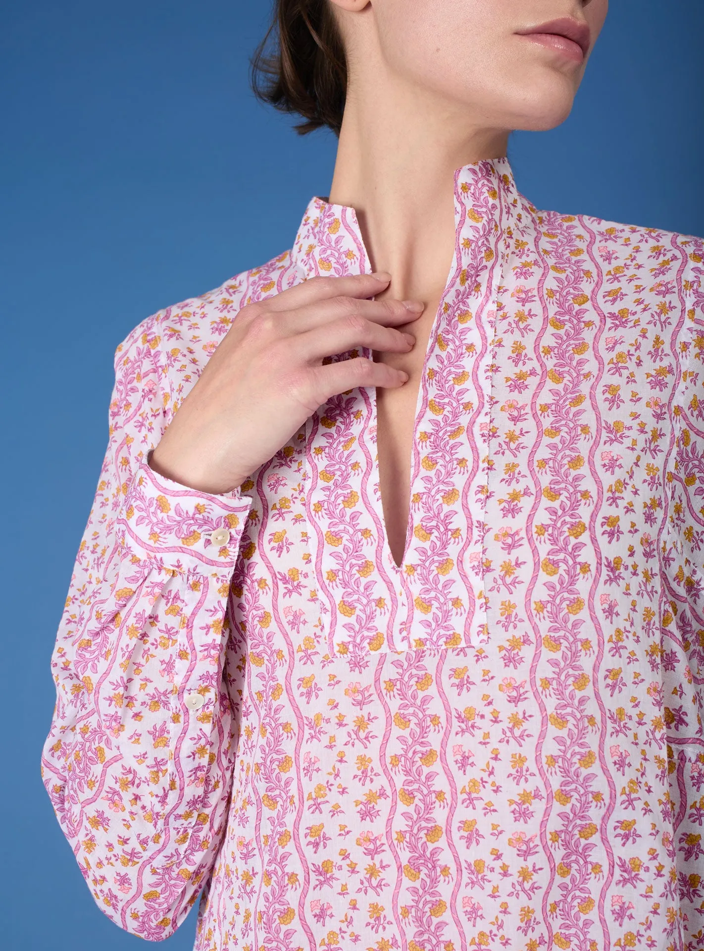 Parvati Long Kaftan - Liselund Print - Cyclamen / Mustard