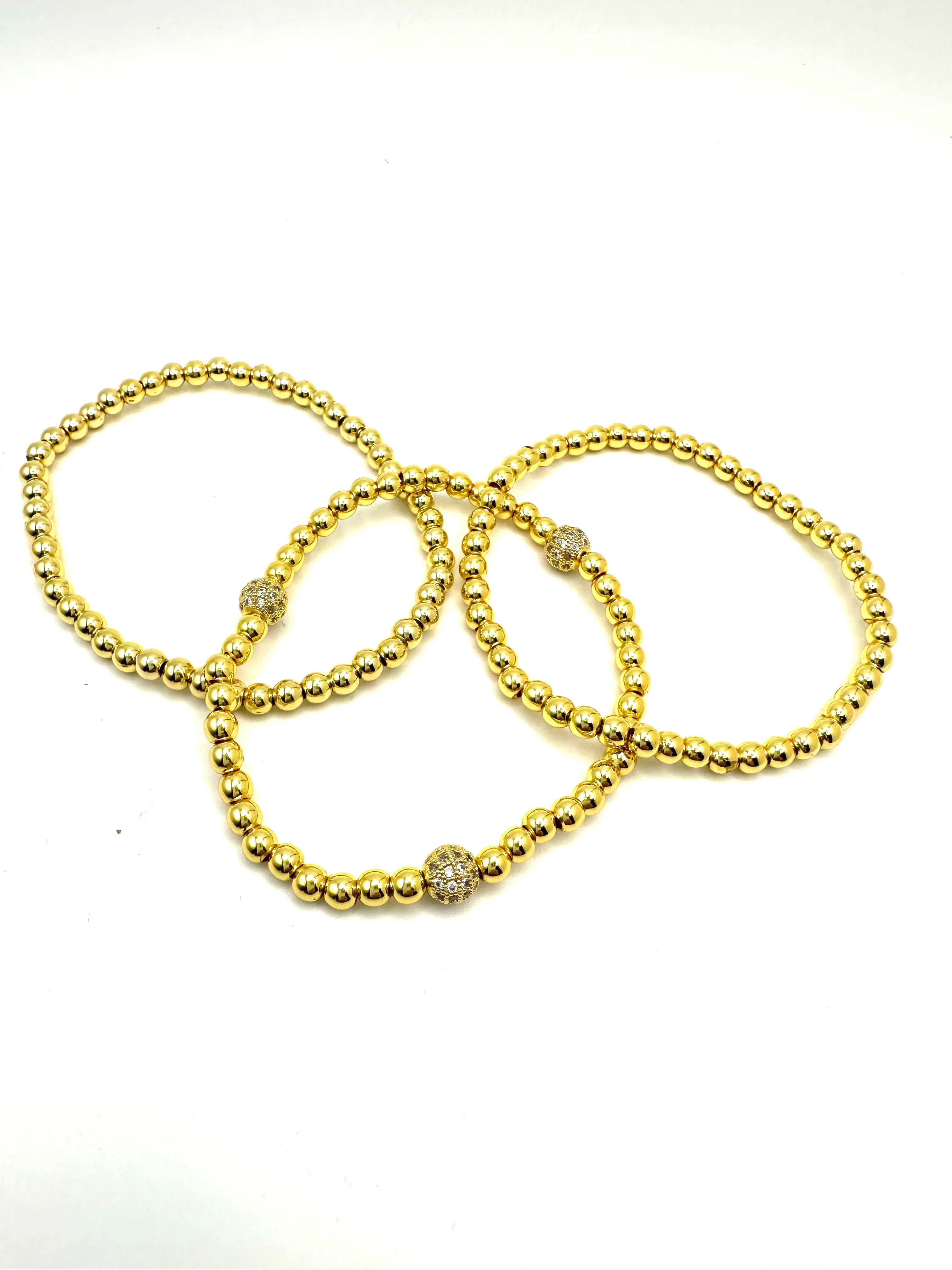Pave Ball and Gold Bead Bracelets