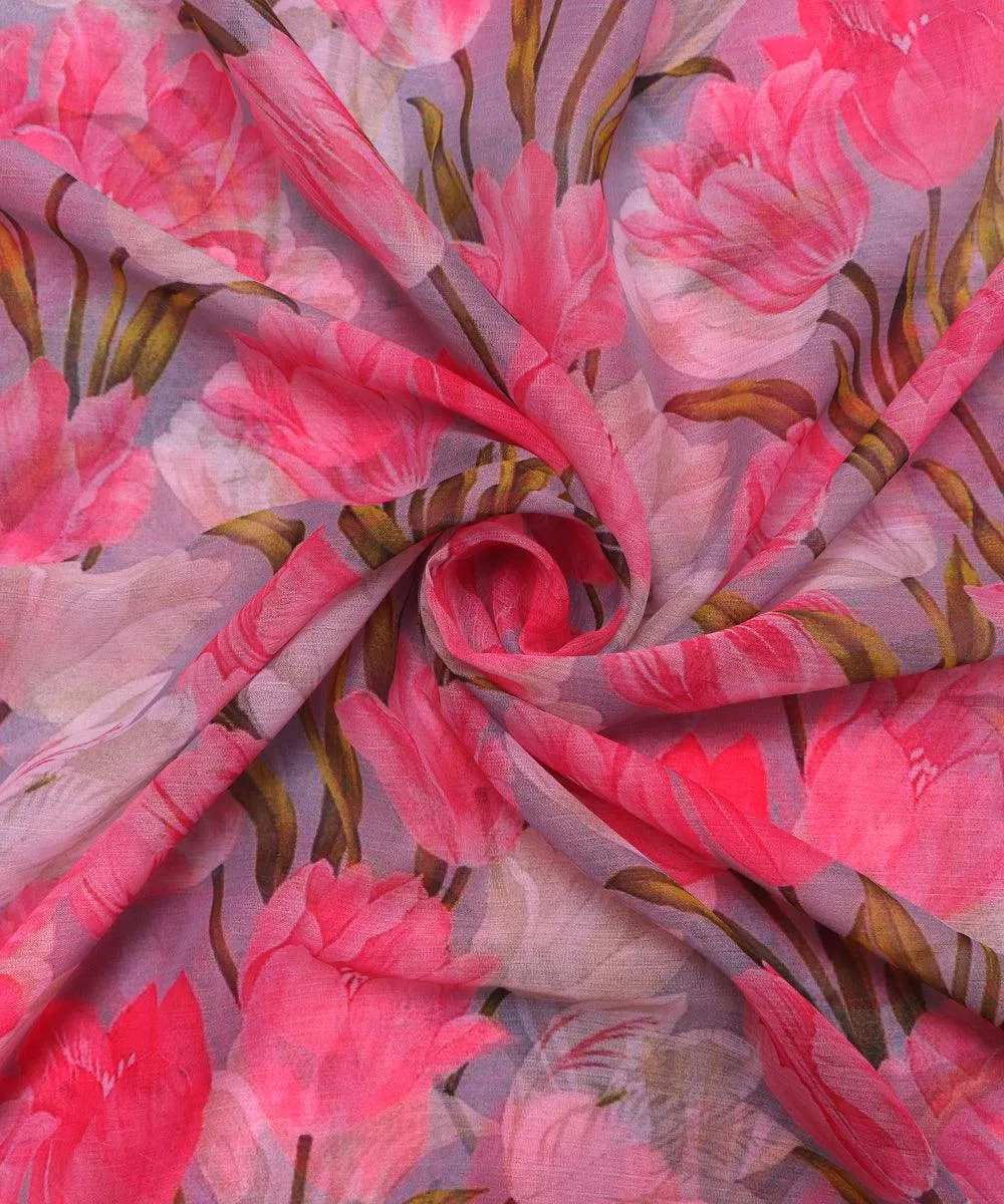 Pink Colour Floral Print Chiffon Fabric