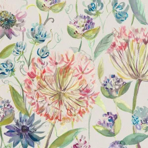 Pom Pom Floral Printed Linen Fabric (By The Metre) Natural