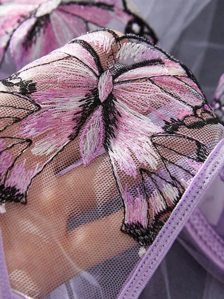 Purple Lingerie Set Butterfly Embroidered Sexy Underwear