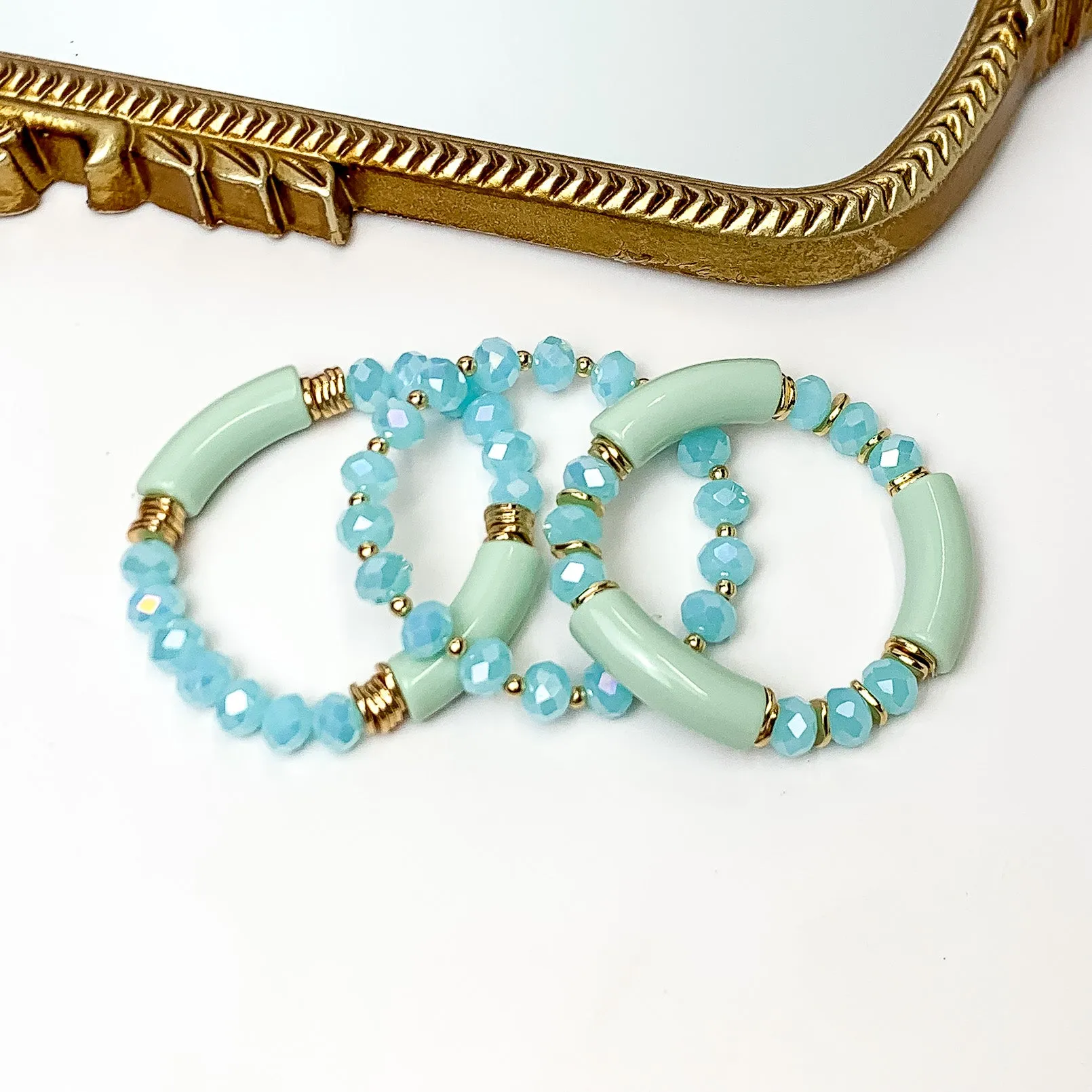 Set of Three | Sunny Bliss Crystal Beaded Bracelet Set in Light Blue