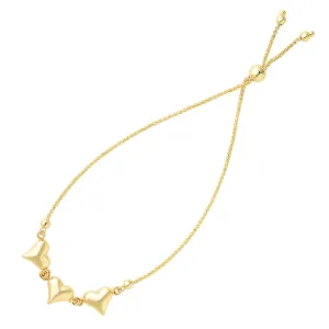 Shiny Puff Hearts Charms Bolo Friendship Adjustable Bracelet In 14K Yellow Gold, 9.25"