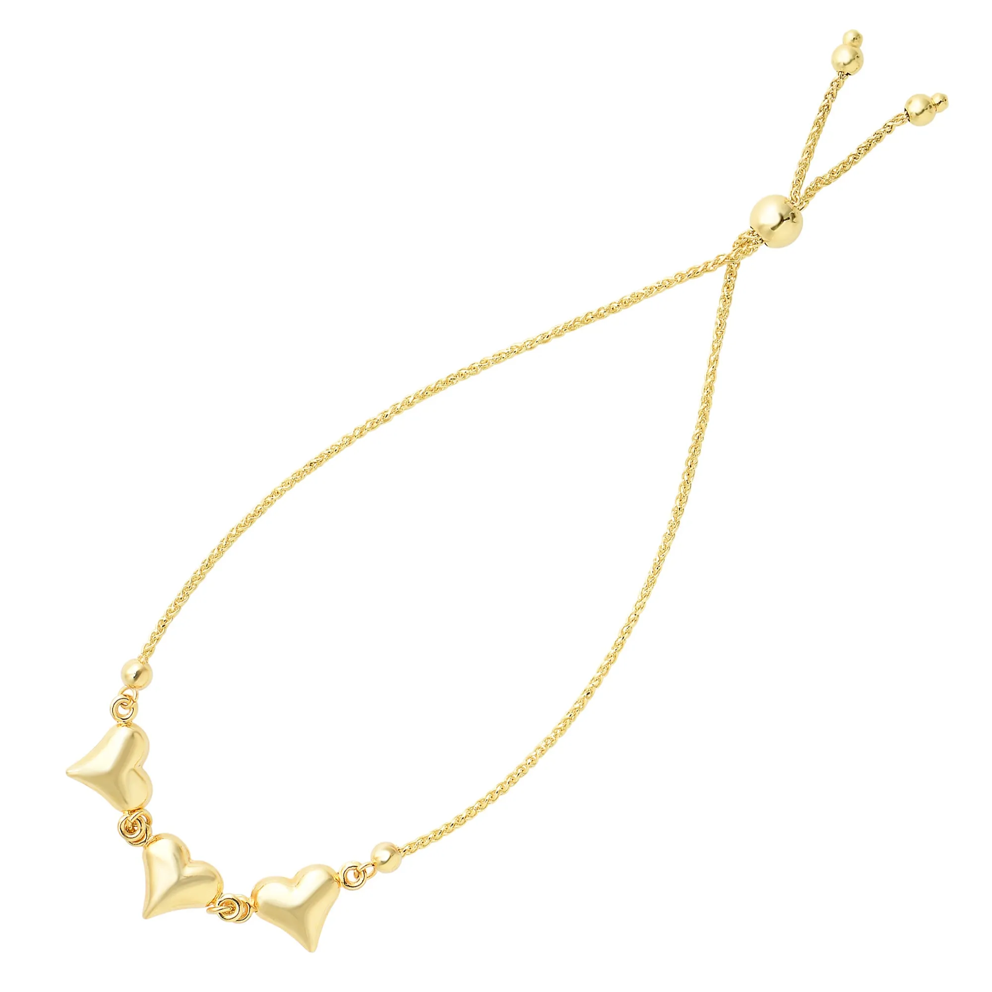 Shiny Puff Hearts Charms Bolo Friendship Adjustable Bracelet In 14K Yellow Gold, 9.25"