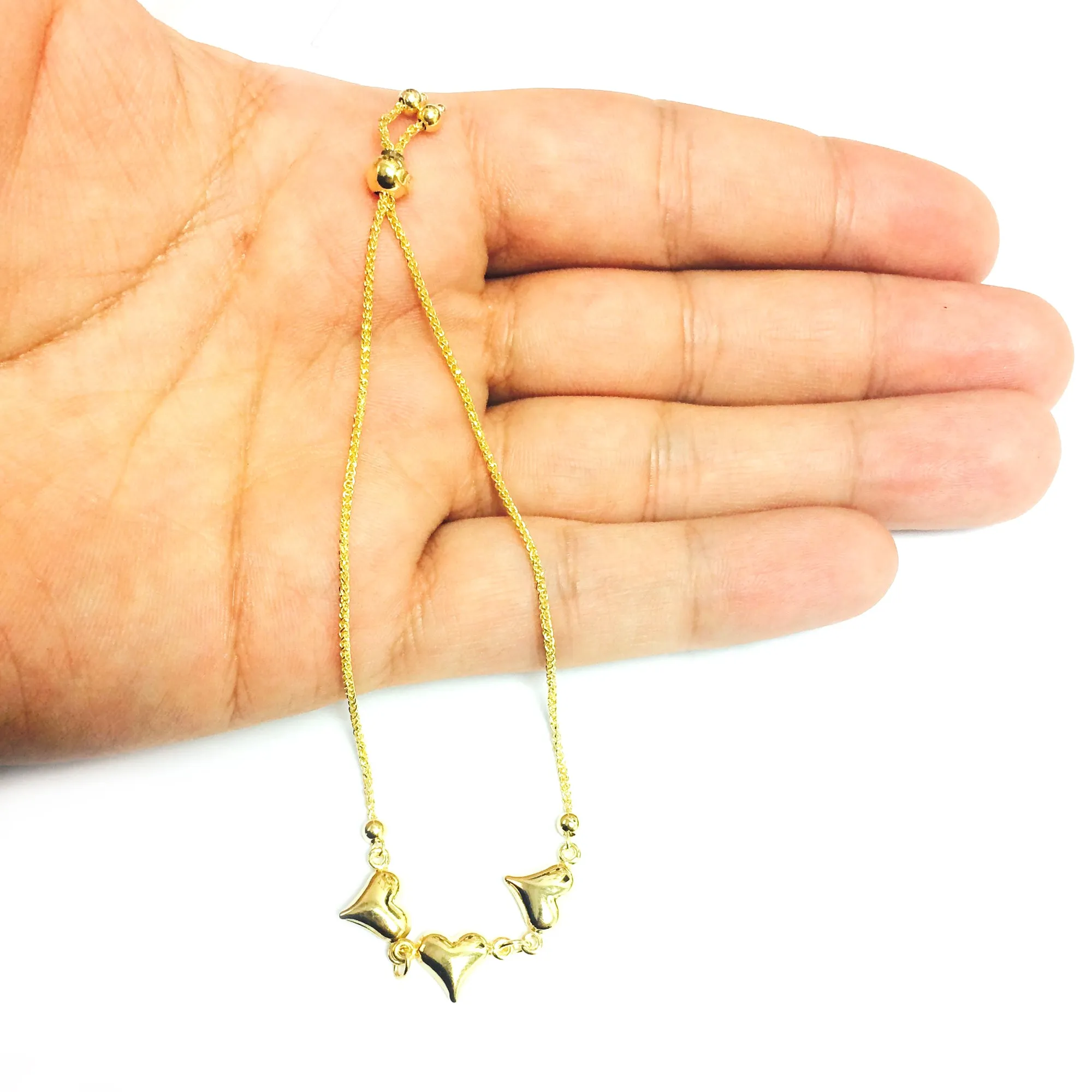 Shiny Puff Hearts Charms Bolo Friendship Adjustable Bracelet In 14K Yellow Gold, 9.25"