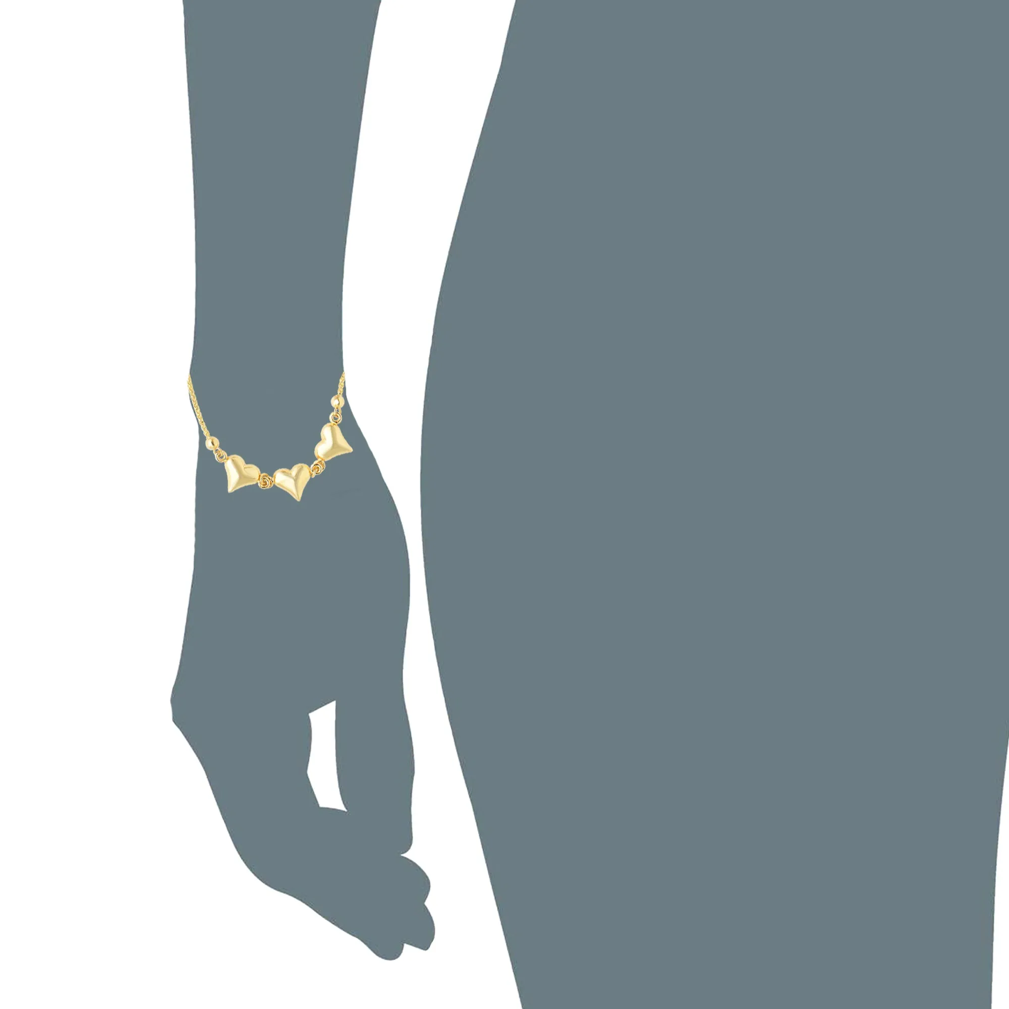 Shiny Puff Hearts Charms Bolo Friendship Adjustable Bracelet In 14K Yellow Gold, 9.25"