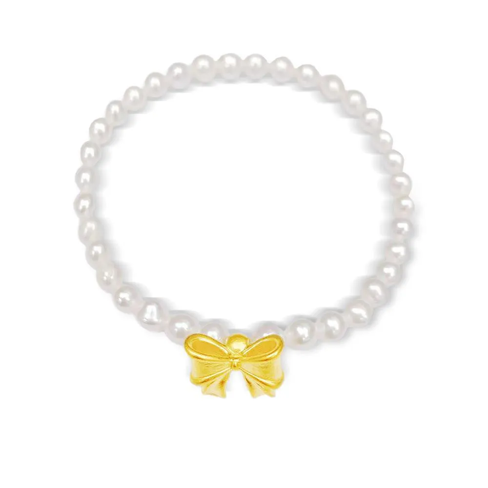 TAKA Jewellery 999 Pure Gold Bow Charm with Beads Bracelet